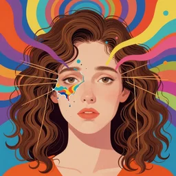 a colorful vibrant closeup portrait of a simple caucasian woman made of string with curly mid length brown hair with a calm afraid aesthetic face broken reflections dreamy vibes and dreaming psychedelic hair, by kawase hasui, moebius, edward hopper and james gilleard, zdzislaw beksinski, steven outram colorful flat surreal design, hd, 8 k, artstation