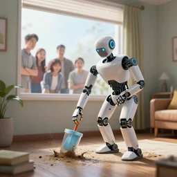 robotic person cleans up a dirty room while humans watch from a window, realistic, 8 k, very detailed, cgi