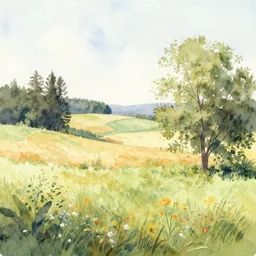 a watercolor of a ( soremi ) landscape on a warm summer's day