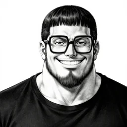 highly detailed ink illustration of a buff smiling man with long stubble, muscular neck, huge square glasses and a black bowl cut, wearing a black tshirt, unreal engine, octane render, b & w clean shaped illustration by kim jung gi, ron english and eiichiro oda