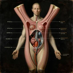 a human anatomy diagram. pulp sci - fi art for omni magazine. high contrast. baroque period, oil on canvas. renaissance masterpiece. trending on artstation. retrofuturism.