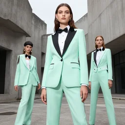commercial fashion photography of women in mint - green tuxedos, amidst brutalist architecture