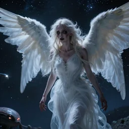 hyperrealistic detailed of a seraphim creepy fearful in the space hunting stars and aliens sharp focus 8 k