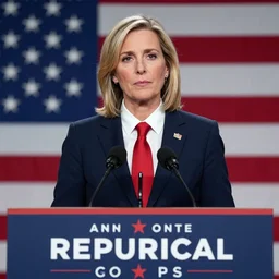 an editorial portrait of a republican us political candiate standing at a podium, calm expression, facing front, conservative, gop, right wing, christian right, libertarian, neocon, red tie, american flag in the background, by annie liebovitz, photojournalism, photorealistic, anatomically correct, beautiful perfect face, sharp focus, highly detailed, cinematic lighting, 8 k, hd