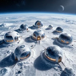 a space colony on a icy planet with buildings mostly being domes