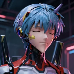 rei from neon genesis evangelion, wearing a cybernetic headset, eyes closed, cyberpunk background, dramatic lighting, octane, 8 k