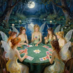 a group of gracious fairies playing cards on a table in an atmospheric moonlit forest next to a beautiful pond filled with water lilies, artwork by ida rentoul outhwaite, the fairies have wings!!!! and play blackjack!!!!.