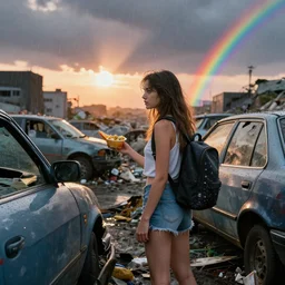 beauty girl in mini short with backpack standing at cars looking at food at garbage dump, destroyed cars, city is pure wasteland, moody sunset background, rays of sunlights, ( ( ( rainy day, rainbow ) ) ), high details, sharp, photorealism, cinematic, greg rutkowski, alphonse mucha, trending on artstation, artgerm, unreal engine, highly detailed