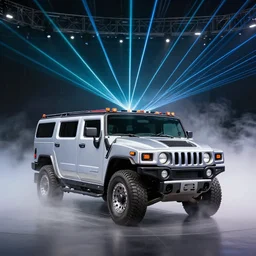 silver hummer truck on a stage : : surrounded by fog and a laser show. real photo. realistic.