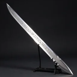 detail photo of long 5 0 cm captain saber on stand, narrow at the base, wider at the tip, the blade has several serrations, steel gleams sunlight, ornaments as etched hieroglyphs unknown language, weapon artbook, black background, back light, detail intricate, sharp focus, digital fantasy art