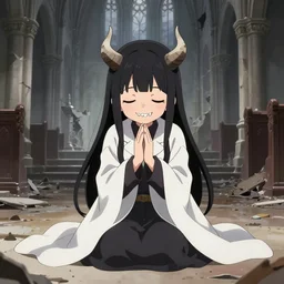cute japanese girl with small horns, sharp and pointy vampire teeth, dressed in an old white coat, praying on the floor of a destroyed church, with her eyes and mouth closed and a smile, full body, detailed artwork by Yoji Shinkawa