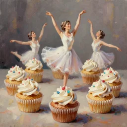dancing cup cakes, oil painting, highly detailed, full shot, ambient lighting, illustration, digital art,