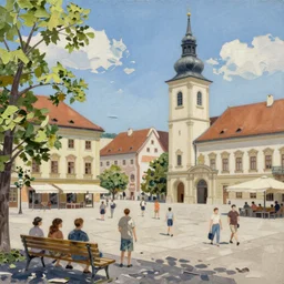sunny summer day in sopron on the main square by shaun tan, intricate, detailed, torn paper decollage, oil on canvas by edward hopper, ( by mattias adolfsson ),