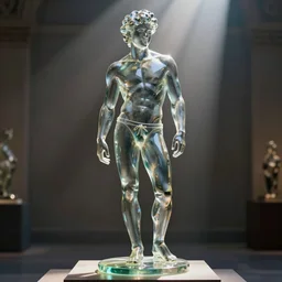 a statue of a beautiful young fit man made of transparent glass, on a pedestal, front view, full figure, smiling face, curly hairs, briefs,, by philippe starck and victoria hagan, cinematic lighting, sunrays from above, detailed digital photography by rutkovski and beksinski, masterpiece, gorgeous, 4 k