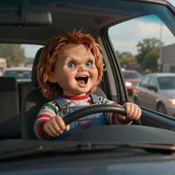 middle aged screaming chucky doll driving to work in a minivan and stuck in gridlock traffic