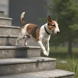 bull terrier bounces up stairs rendered in unreal engine