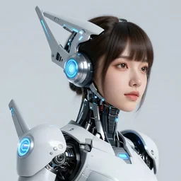 blissful young woman with solarpunk mecha humanoid robotic parts with bright led lights, real human face, pudica pose gesture, by michelangelo, in white room, ultra - realistic and intricate, portrait shot 8 k