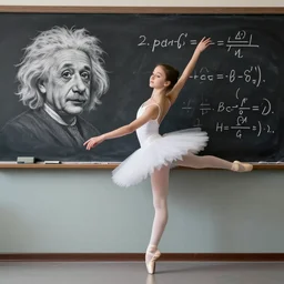 photo of teen ballerina teaching formulas to Einstein at blackboard, photorealistic ultra realistic