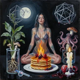 sensual female painting, yoga, pancakes, fire smouldering, tattoos, midnight, dark, black background, wet, moonlight, berries, mythology, dodecahedron, sage and herbs, octopus, surgical supplies, mushrooms, plants with roots in scientific glassware, fungus, candle dripping white wax, berry juice drips, neoexpressionism, surrealism, acrylic and spray paint and oilstick on canvas