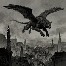 A graphic novel illustration of a fantastic beast, soaring above an ancient city, moody, grimy, ink splatters, scratches, sci-fi, by François Schuiten, Marvano, trending on Behance,