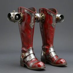 steampunk knight's boots with jets on them red and silver hyperrealistic, hyperdetailed, chaykin howard and campionpascale and cooke darwyn and davis