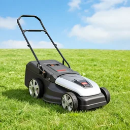 Robot mowing the lawn on a bright sunny day, sky is blue with clouds