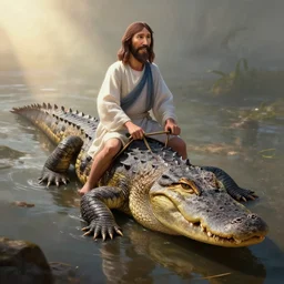 jesus rides an aligator, cinematic, fantasy, hyper detailed, digital painting, 4 k realistic, trending on artstation, sharp focus, john banovich, photographer art wolfe, light source on left