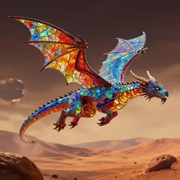 stained glass dragon flying on mars, highly detailed octane render, artstation, surrealism
