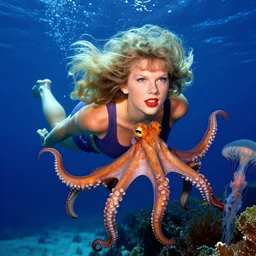 a colorful portrait photograph of taylor swift underwater swimming around the hippocampus octopus and jellyfish, 1 9 9 0 s, taken by martin parr, saturated colour photo, high definition, 8 k