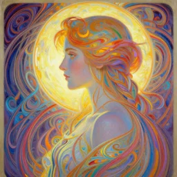 side profile portrait, imogen poots paladin, gloomhaven, d & d, soft, smooth, luminescent oil painting, art nouveau, concept art, backlit glow, ripples, swirly vibrant color lines, holy, gaudy colors, aesthetic octane render, 8 k, by mucha, victo ngai, kilian eng, ilya kuvshinov, artgerm, alex ross