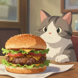 photo of a burger and a cat, cat, ( artstation, style of jesper ejsing, by rhads, makoto shinkai and lois van baarle, ilya kuvshinov, rossdraws )