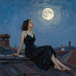 witch resting on a rooftop, illuminated by moonlight, by ilya repin
