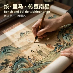 the Chinese hands roll painting of scholars in mountains,ancient ,by Li Sixun and Wu Daozi