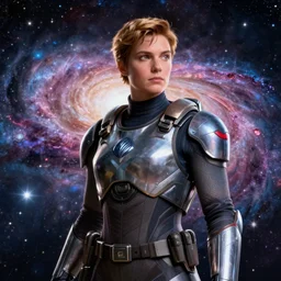 Commander Shepard with a beautiful galaxy behind him, fantasy art,
