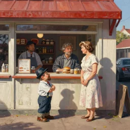 a midget and his wife cause problems at the local bakery, painted by norman rockwell and tom lovell and frank schoonover
