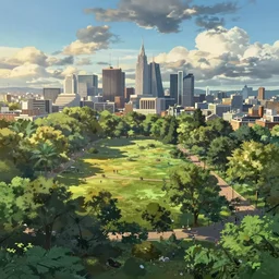 a huge park in central london, buildings in distance, a visible street, by Tomer Hanuka by Makoto Shinkai and thomas kinkade