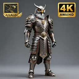 full length photo of a warrior with metal owl themed armour, highly detailed, 4 k, hdr, smooth, sharp focus, high resolution, award - winning photo