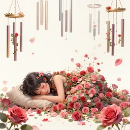 Now I lay me down to sleep, chaotic, kinetic, beautiful, wind chimes, roses, WTF, fine grained detail, artstation, colorful,