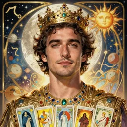 pedro pascal portrait by louis - theophile hingre and alphonse mucha, realistic, sharp focus, zodiac signs, tarot cards, planets, ethereal, art nouveau, magic, moon, sun, crown, dreamy, royal, jewellery