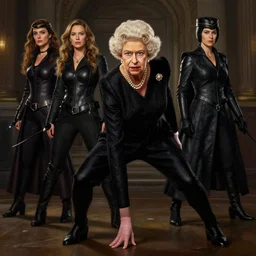 epic professional digital art of queen elizabeth ii in three point black widow landing stance with hand on ground and legs in wide stance, ambient light, painted, heroic, royal, detailed,, leesha hannigan, wayne haag, reyna rochin, ignacio fernandez rios, best on artstation, cgsociety, epic, stunning, gorgeous, much wow, cinematic