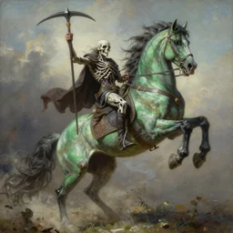 the singular horseman of the apocalypse is riding a strong fierce ferocious undead green stallion, horse is up on its hind legs, the strong male rider is death with a scithe, beautiful artwork by artgerm and rutkowski, breathtaking, beautifully lit, dramatic