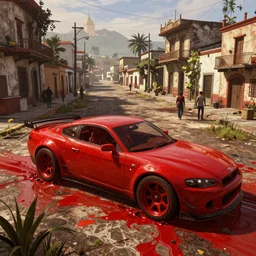 highly detailed red oil - on its side in gta v, in a empty town in mexico, stephen bliss, unreal engine, fantasy art by greg rutkowski, loish, rhads, ferdinand knab, makoto shinkai and lois van baarle, ilya kuvshinov, rossdraws, tom bagshaw, global illumination, detailed and intricate environment w 7 6 8