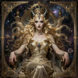 vampire queen with detailed headpiece is sitting on her throne, blonde hair, symmetrical face, in the style of emil melmoth, symmetrical body, artgerm, flowing hair, portrait, muted colors, artstation, character concept art, border and embellishments, flowers in the background, galaxy
