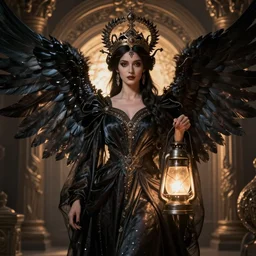 queen of the dark angels with her lantern by Annie Swynnerton and Nicholas Roerich and jean delville, strong dramatic cinematic lighting , ornate headdress , flowing robes, lost civilizations, smooth, sharp focus, extremely detailed