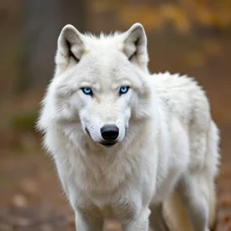 white wolf with blue eyes, in the autumn forest, realistic, 8 к,