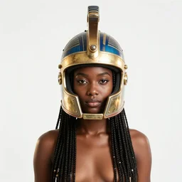 centered medium shot fine studio photograph of a beautiful black girl wearing only a mecha Maasai helmet with bright lights, ultra-realistic, white background, 8k HDR sunset lit, intricate