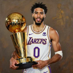 jayson tatum in los angeles lakers jersey, holding the larry o'brien trophy, portrait by william sidney mount, oil on canvas, trending on artstation, hyper realistic
