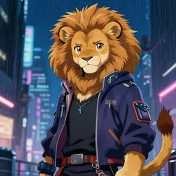 character portrait of a male anthro lion fursona with a tail and a cute beautiful attractive detailed furry face wearing stylish cyberpunk clothes in a cyberpunk city at night while it rains. hidari, color page, tankoban, 4K, tone mapping, Akihiko Yoshida.