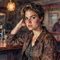oil watercolor painting of young rugged woman in western bar, shaven stubble, short hair, mysterious light, art by anders zorn, wonderful masterpiece by greg rutkowski, beautiful cinematic light, american romanticism by greg manchess, creation by tyler edlin