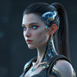 cyberpunk full shot, looking left, very detailed, cgsociety, artstation, female, clean, symmetry, blue eyes, nice clothing, intricate, impossible beauty, golden ratio, eye implant bionic, ponytail, staring in the void, art by krenz cushart and artem demura and alphonse mucha